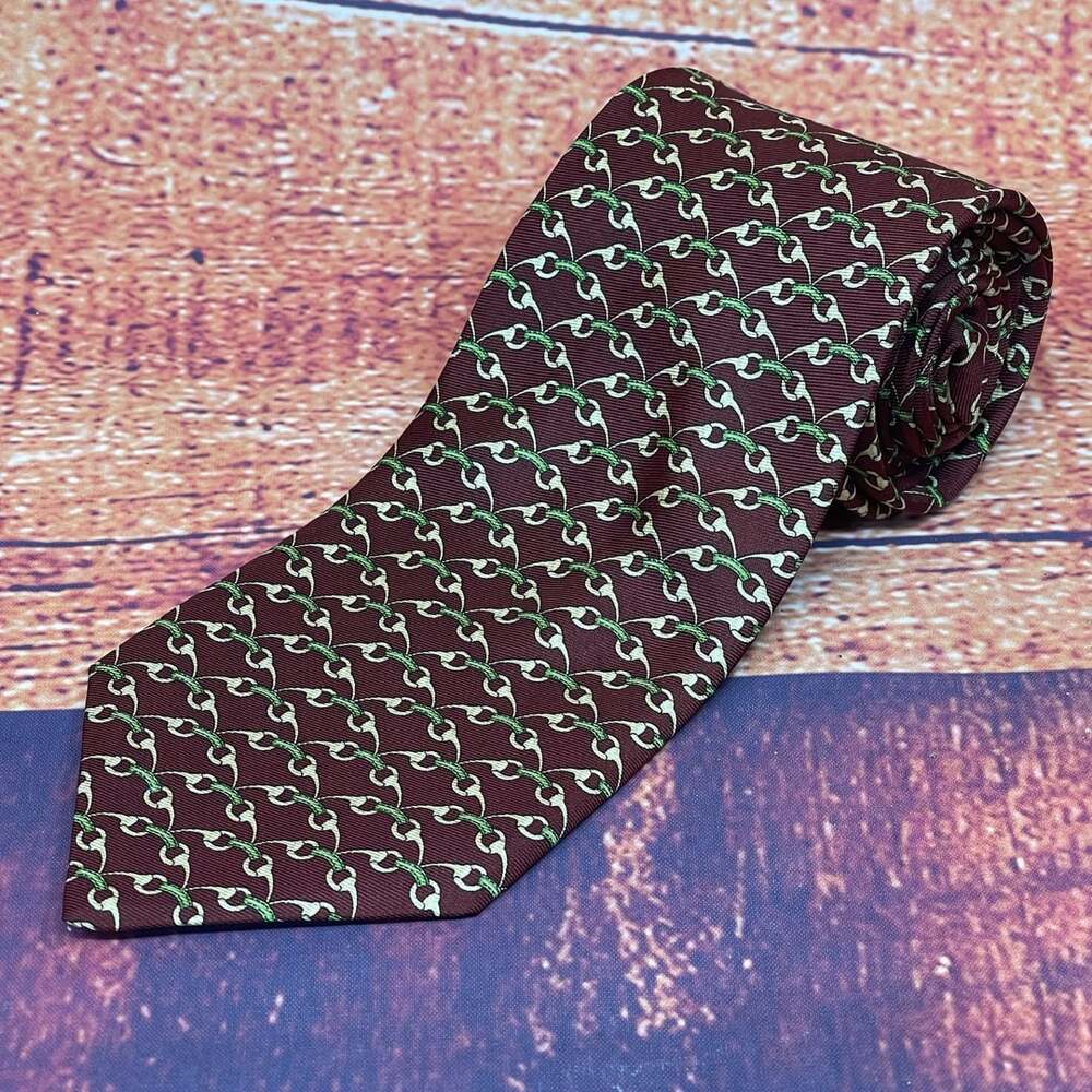 Brooks Brothers Makers Burgundy Green Horsebit Link Silk Necktie Made in USA